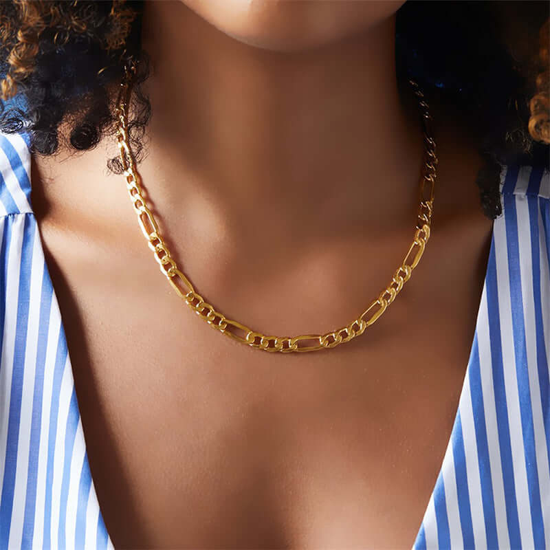 Gold chain necklace with oval links on model – Links & Loops Jewellery