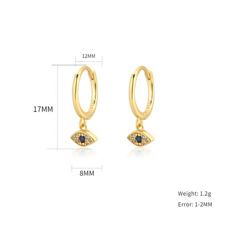 Nazar Earrings size guide showing gold hoops and blue evil eye design – Links & Loops Jewellery