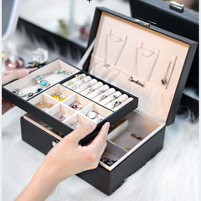 Black leather jewellery storage box with compartments for rings, earrings, bracelets and necklaces – Links & Loops Jewellery