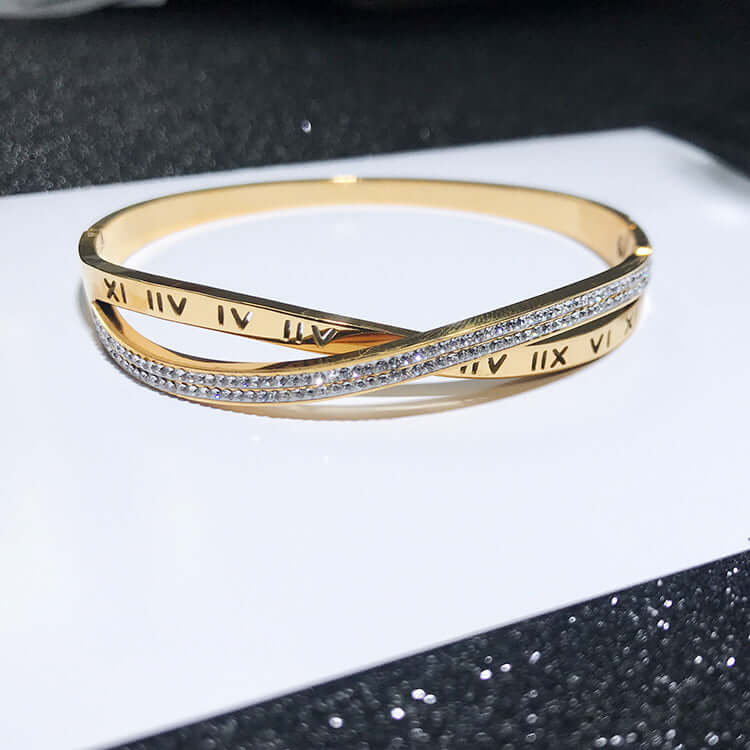 Cross My Heart gold bracelet with Roman numerals and crystal accents – Links & Loops Jewellery
