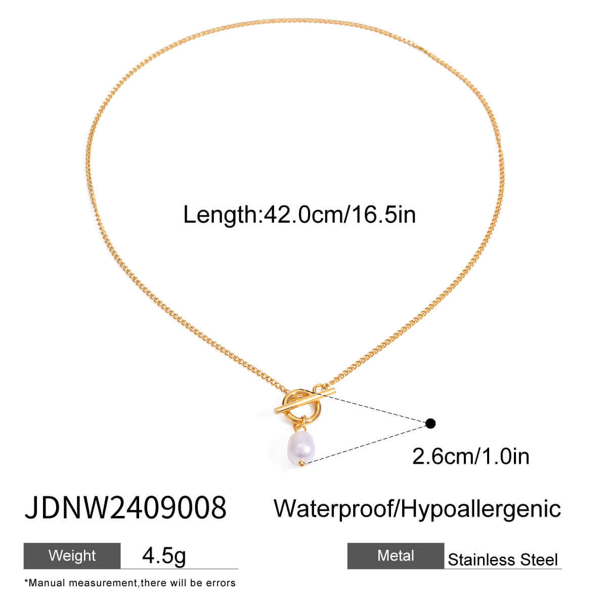 Loop n Hook gold necklace size chart with toggle clasp and pearl charm – Links & Loops Jewellery