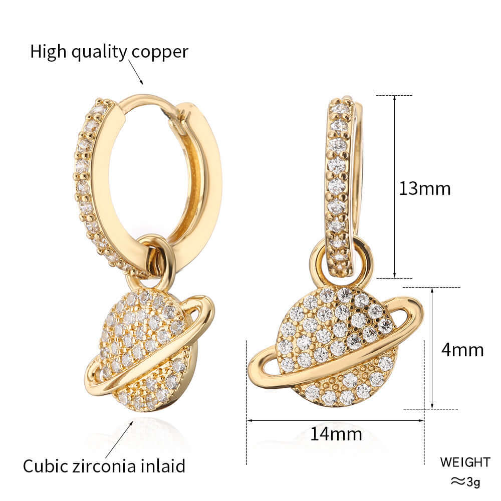 Planet C Earrings size guide showing gold hoop and crystal planet charm – Links & Loops Jewellery