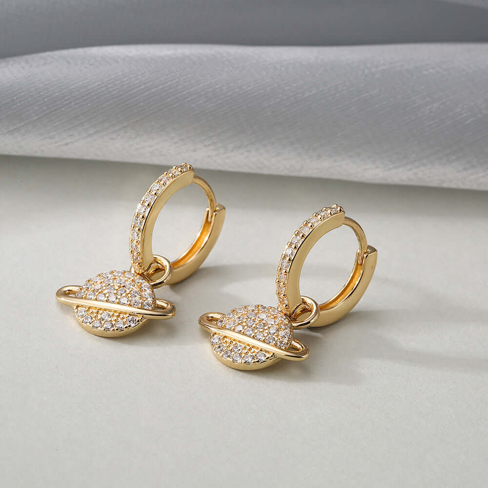 Gold Planet C Earrings with cubic-zirconia crystals in planet design – Links & Loops Jewellery